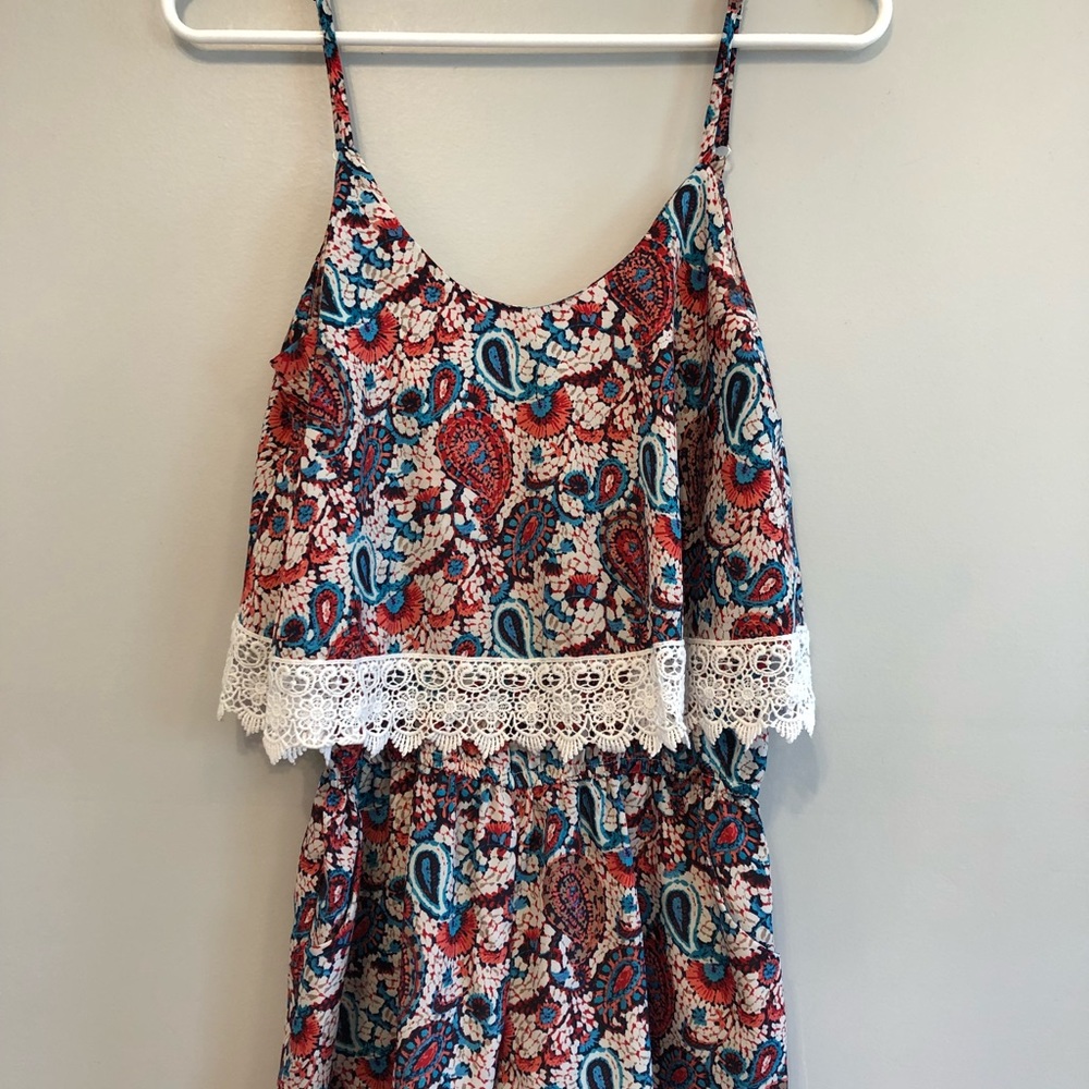 Flower Print Romper with White Lace
